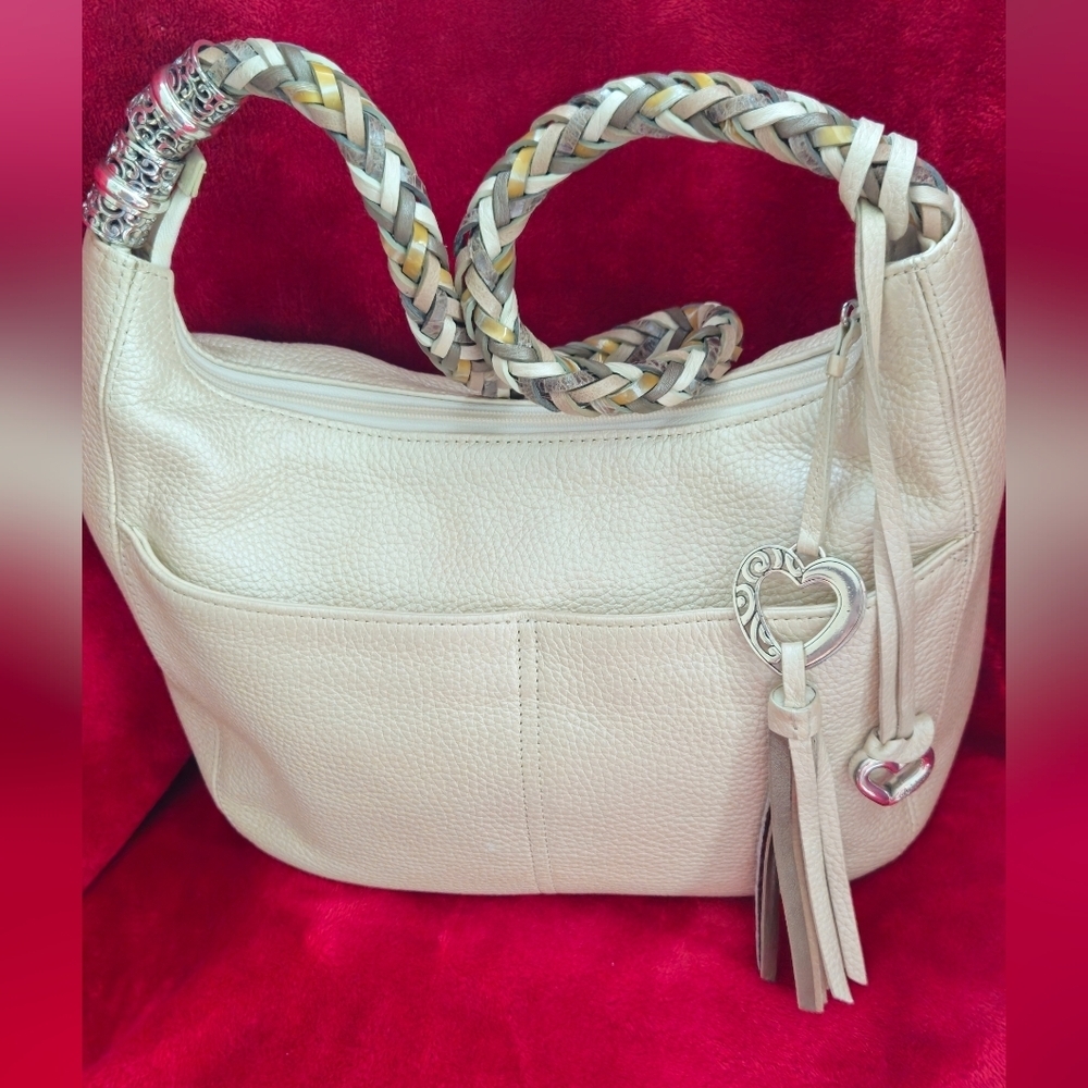 Brighton Barbados Cream/Pearl Leather Shoulder Bag w/Multi-Color Braided Handles